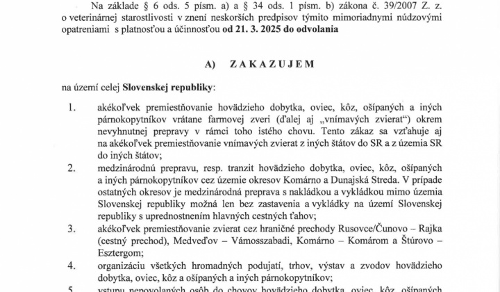 1. fotografia fotogalérie Mimoriadne núdzové opatrenia – určené všetkým chovateľom vnímavých zvierat (aktualizované 8.4.2025) - foto