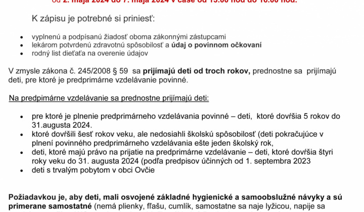 1. fotografia fotogalérie Zápis detí do MŠ Ovčie pre školský rok 2024/2025 - foto