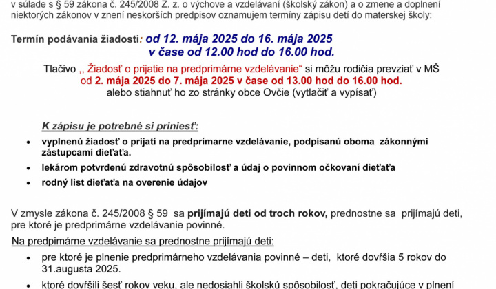 1. fotografia fotogalérie Zápis detí do MŠ Ovčie pre školský rok 2025/2026 - foto